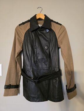 Two-Tone Black Genuine Leather & Tan Trench Coat